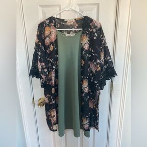 Green dress with black floral cover up
